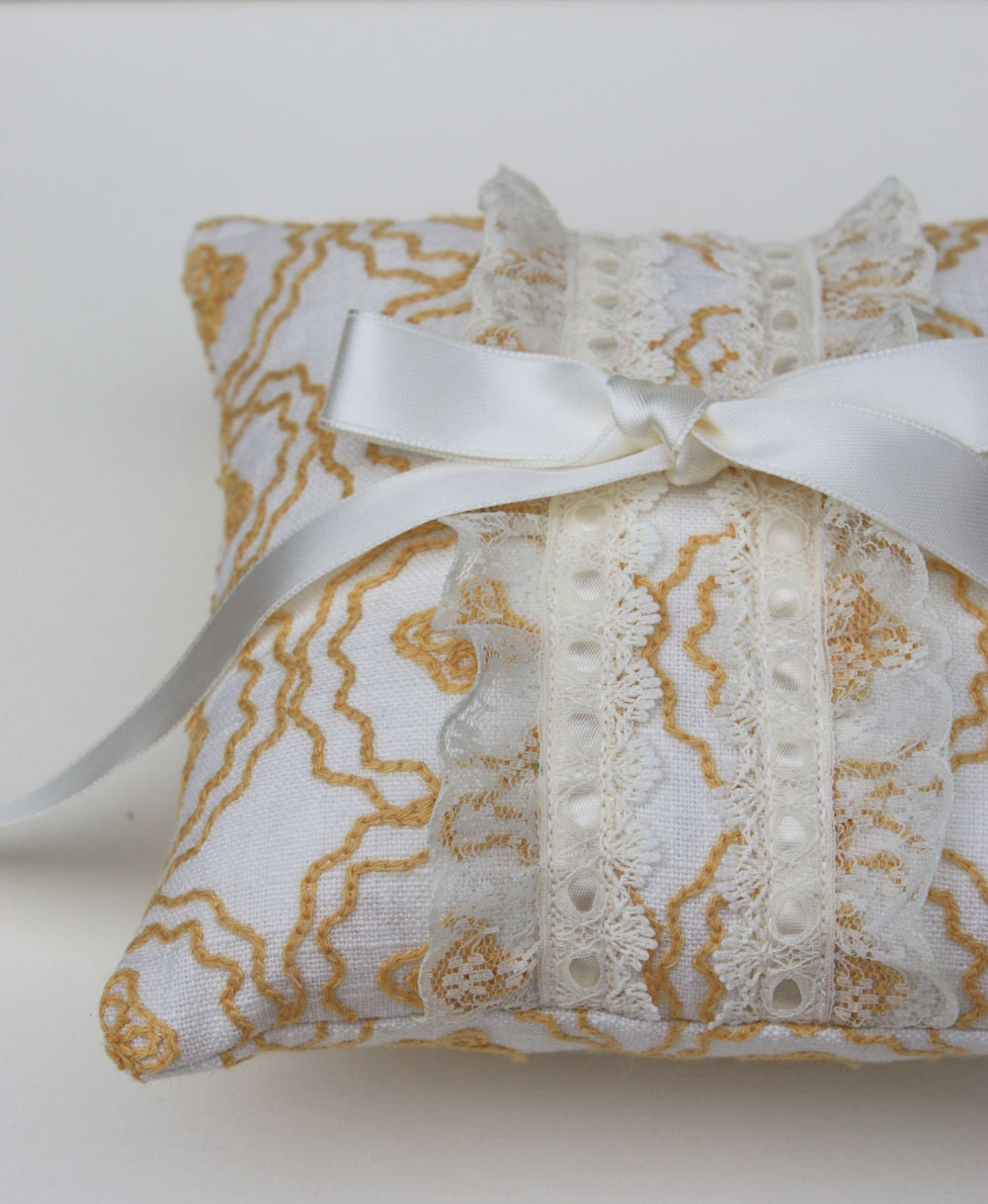 Ring Pillow Wedding  Golden Yellow With Vintage Cream Lace