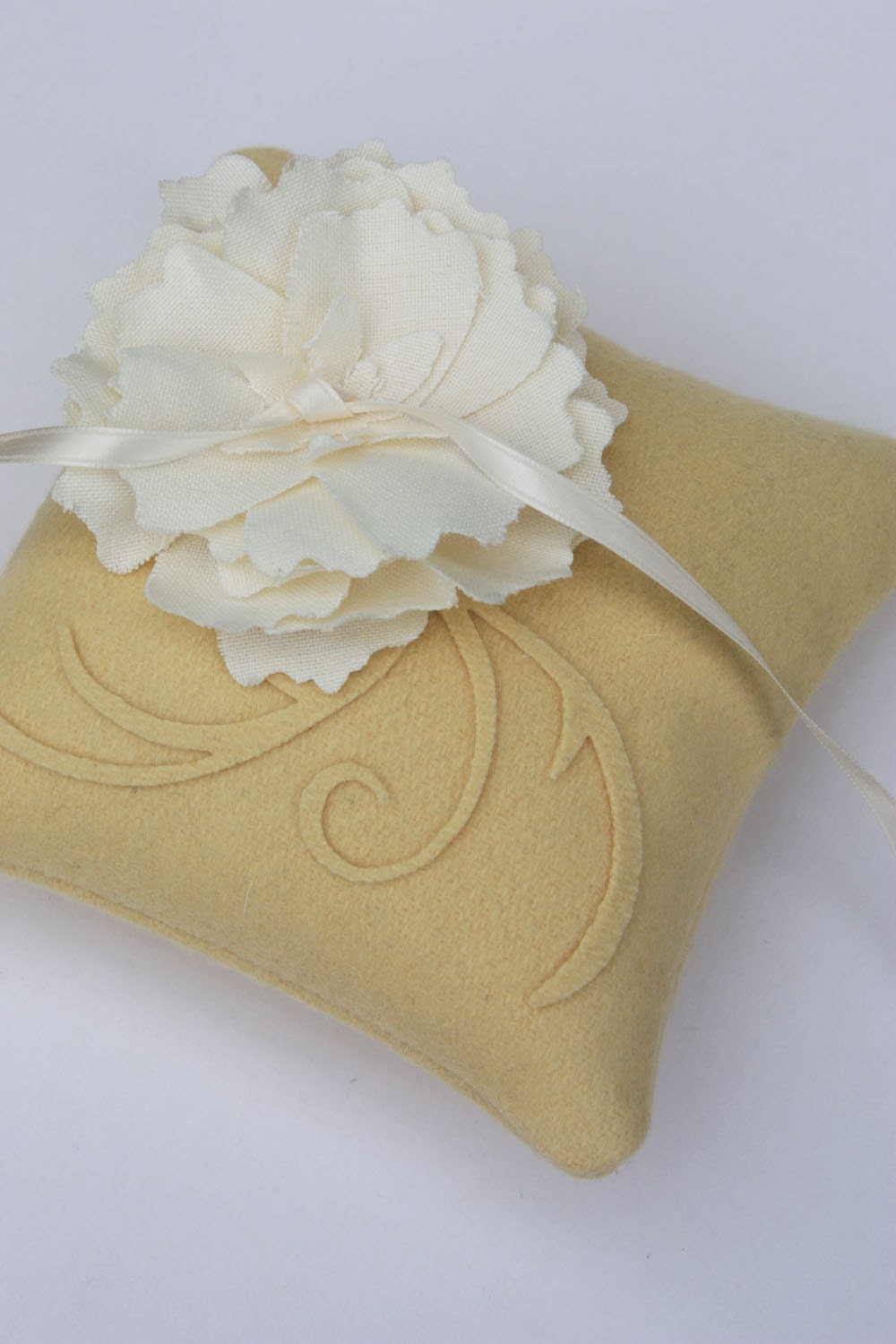 Ring Pillow Wedding Yellow  Wool Felt And Linen Flower