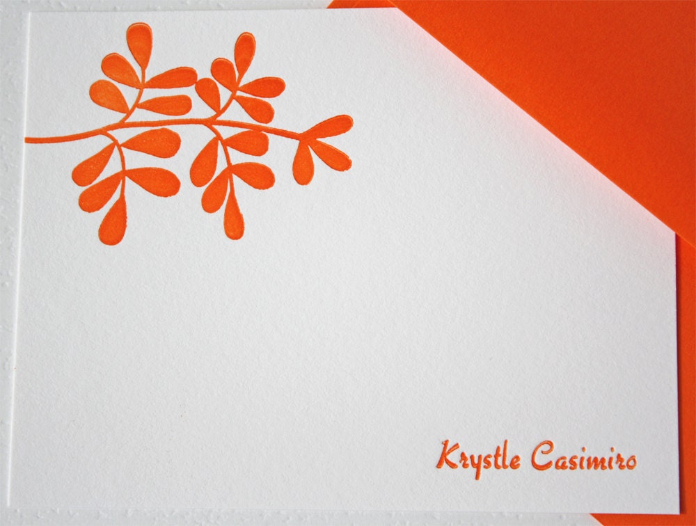 Personalized Letterpress Stationery Leaves Tangerine Orange