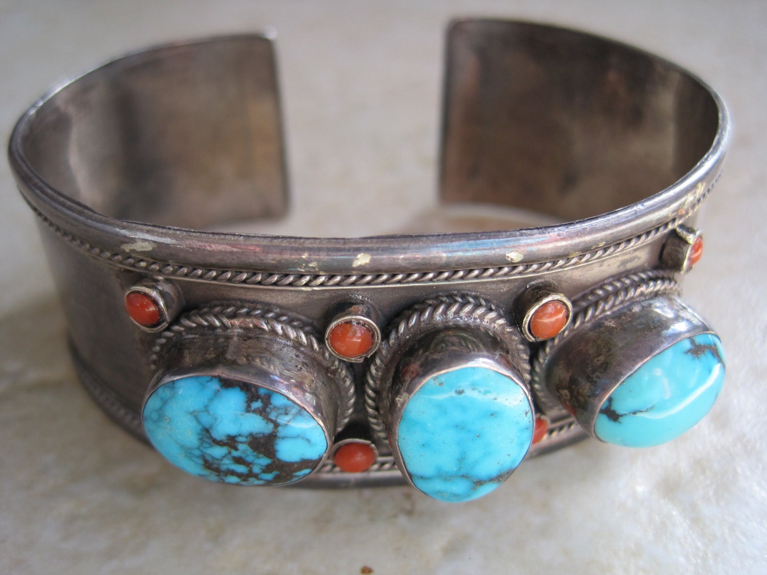 Vintage Asian Silver Turquoise and Coral Bracelet - Sterling Silver Tribal Cuff - 1980s