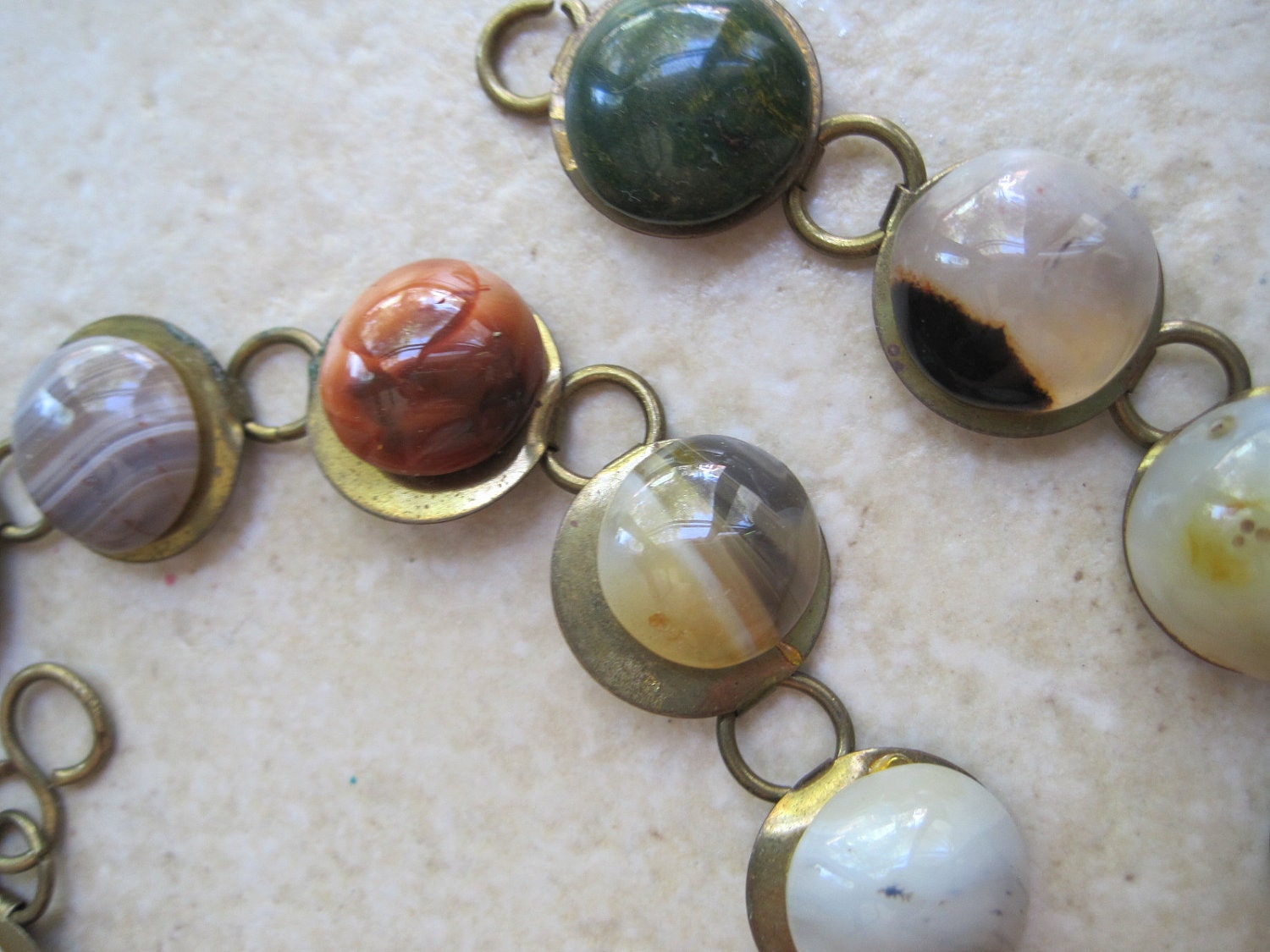 Vintage Boho Agate Necklace or Belt - Gold Toned and Multi Colored Stones - 28" - Middle Eastern - 1970s
