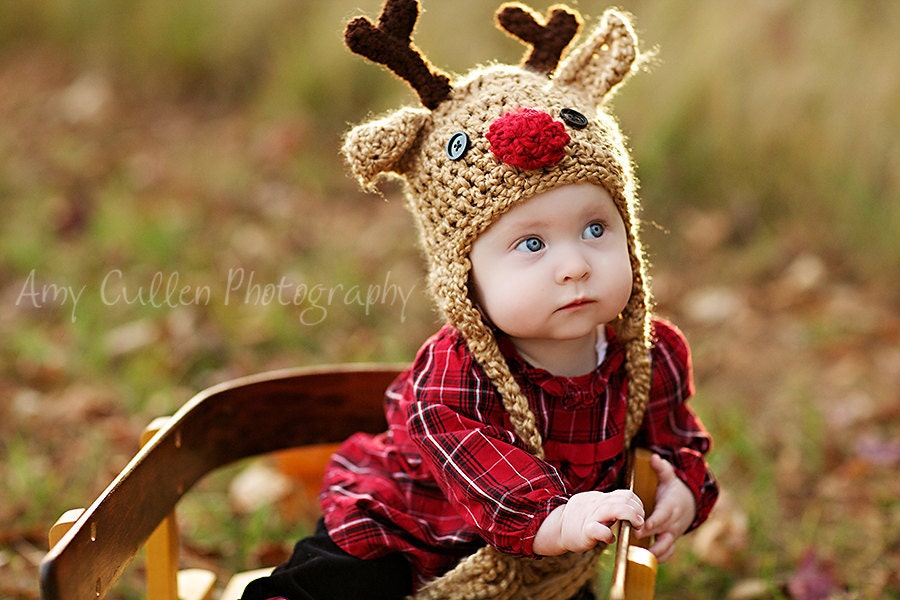 Baby Hat - Reindeer Hat - Baby Reindeer Hat -  0 - 3 months  Cute and Soft Earflap - by JoJosBootique