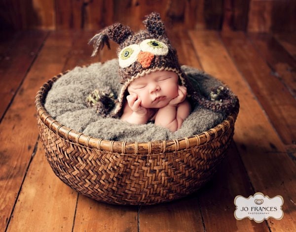 Brown Owl Hat - Baby Owl Hat - Cute and Soft Earflap Baby Hat -  0  - 3  months  -by JoJosBootique
