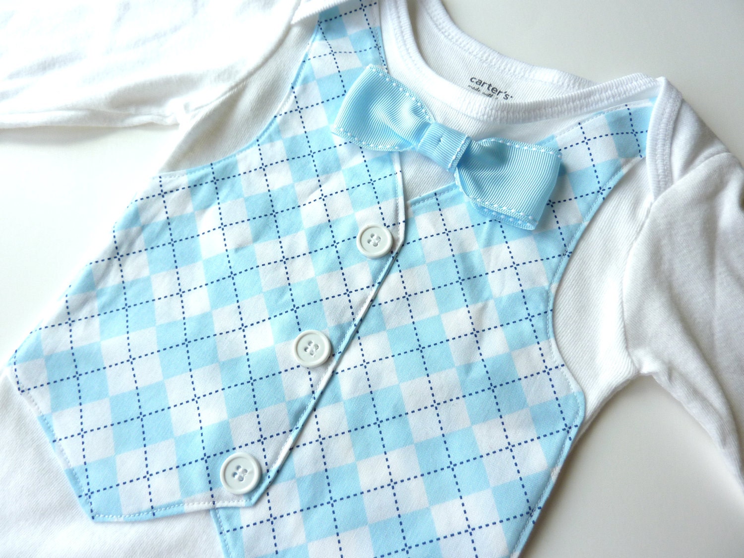 Long or Short Sleeve Baby Blue Argyle Onesie Vest with Removable Baby Blue Bow Tie