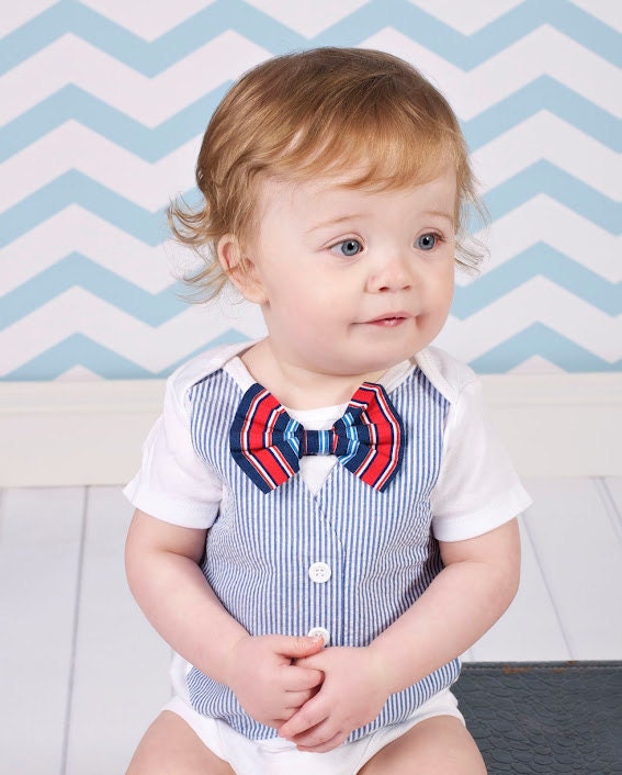 4th of July Navy Blue Seersucker Tuxedo Onesie Vest with Matching American Bow Tie