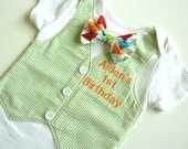 Green Seersucker 1st Birthday Tuxedo Onesie with Removable Argyle Bow Tie