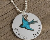 Personalized Necklace - Hand Stamped - Patina Sparrow Bird Charm - your choice of words or names