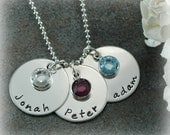 Birthstone Charm Necklace - Hand Stamped Jewelry - Personalized discs - Three - 3 names with birthstones, Mother's day gifts, gifts for mom