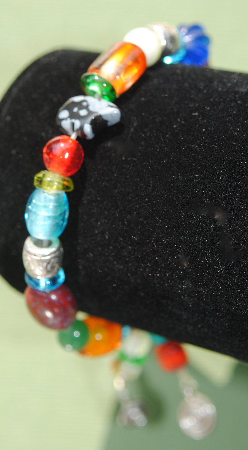 Snowflake Obsidian Carved Bear and Glass Bead Bracelet