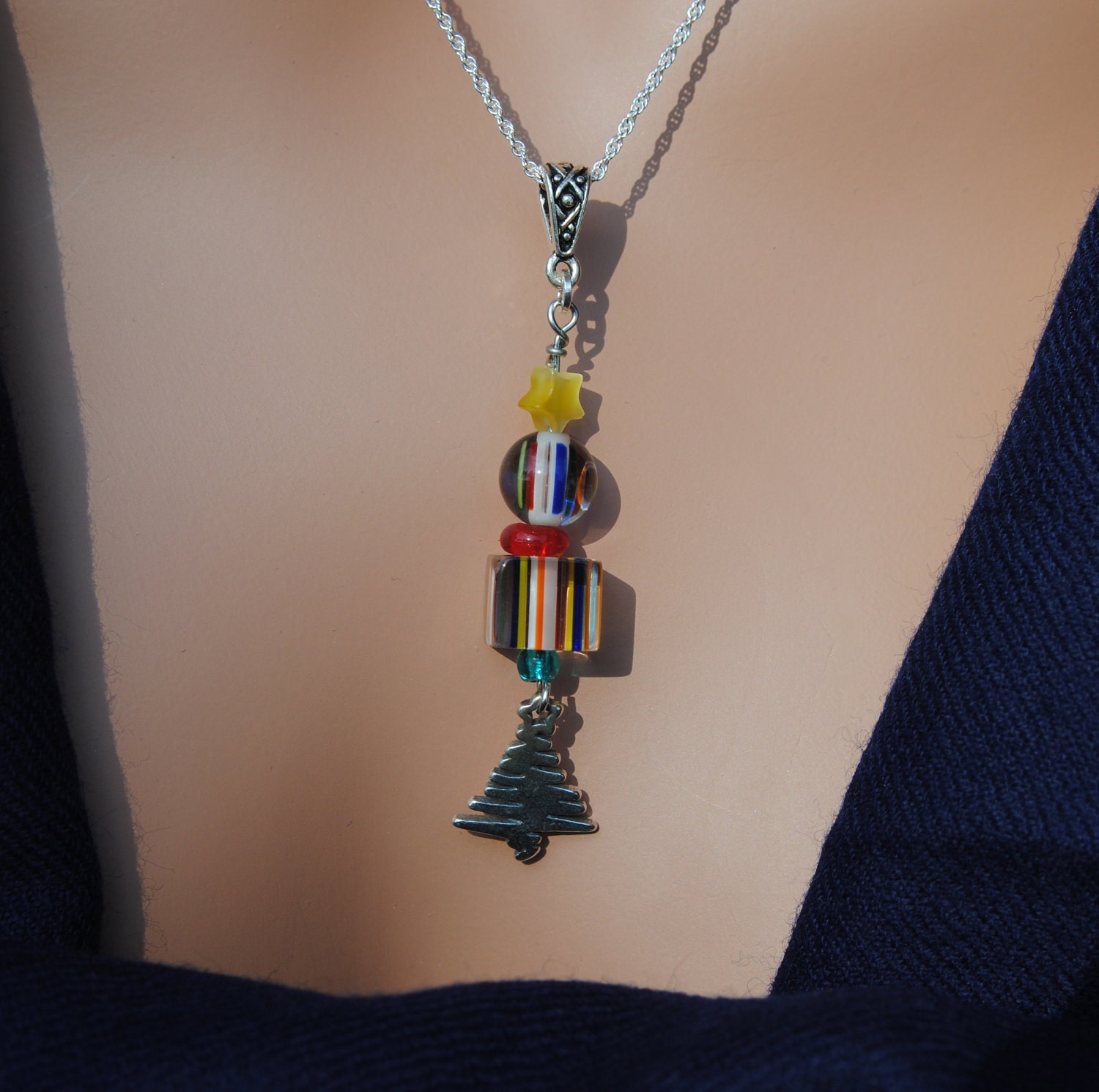 Christmas Tree Glass Bead Necklace with Sterling Rope Chain