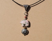 Unakite Gemstone Carved Bear Leather Necklace with Pewter Tree Design Dangle Charm
