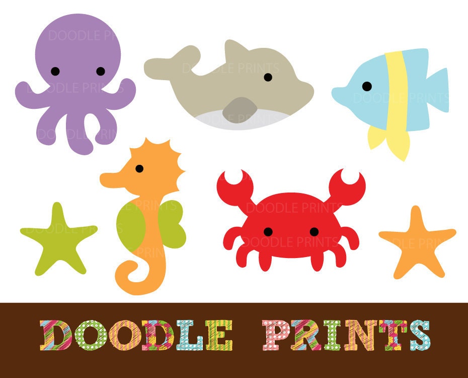 Digital Clip Art Printable - Sea Ocean Clipart Design - Sea Creatures Design - Dolphin, Fish, Crab, Octopus, Seahorse - Personal Use Only