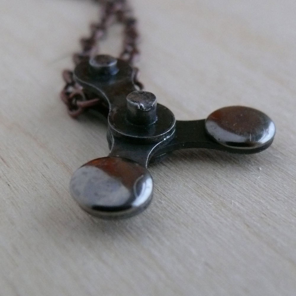 cycling pendant cap riveted recycled metal bicycle chain bike jewelry