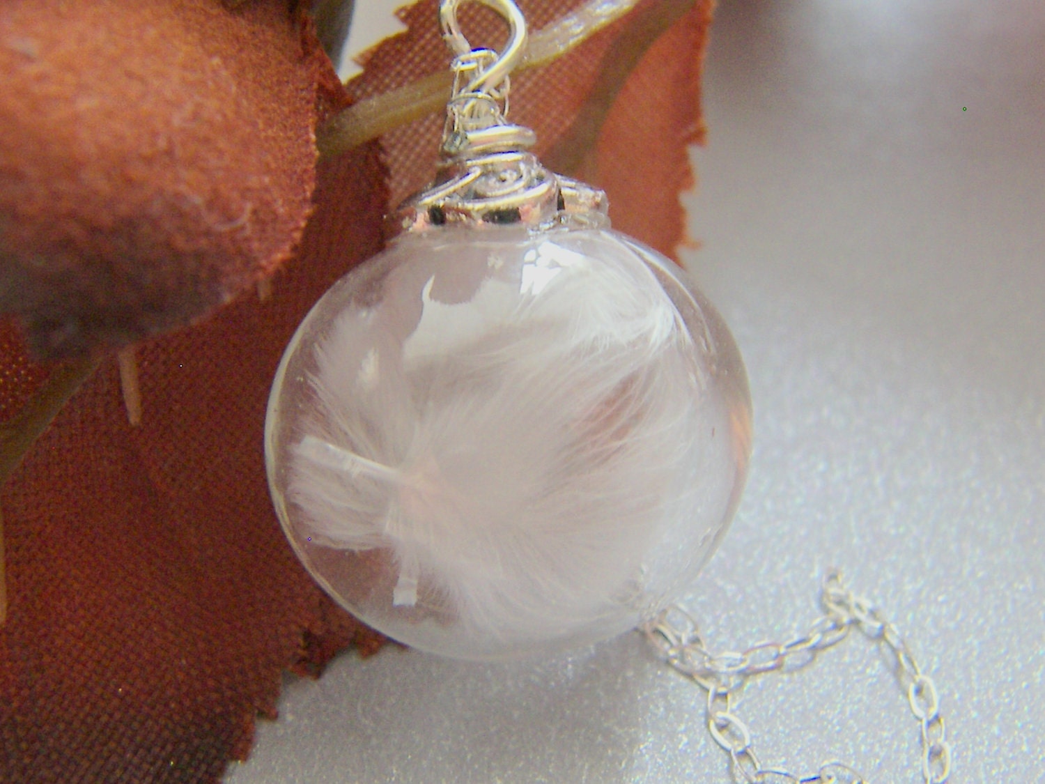 Feather Necklace, Handblown Glass Globe,  Marabou Feather Necklace, Angel, Bridal Jewelry