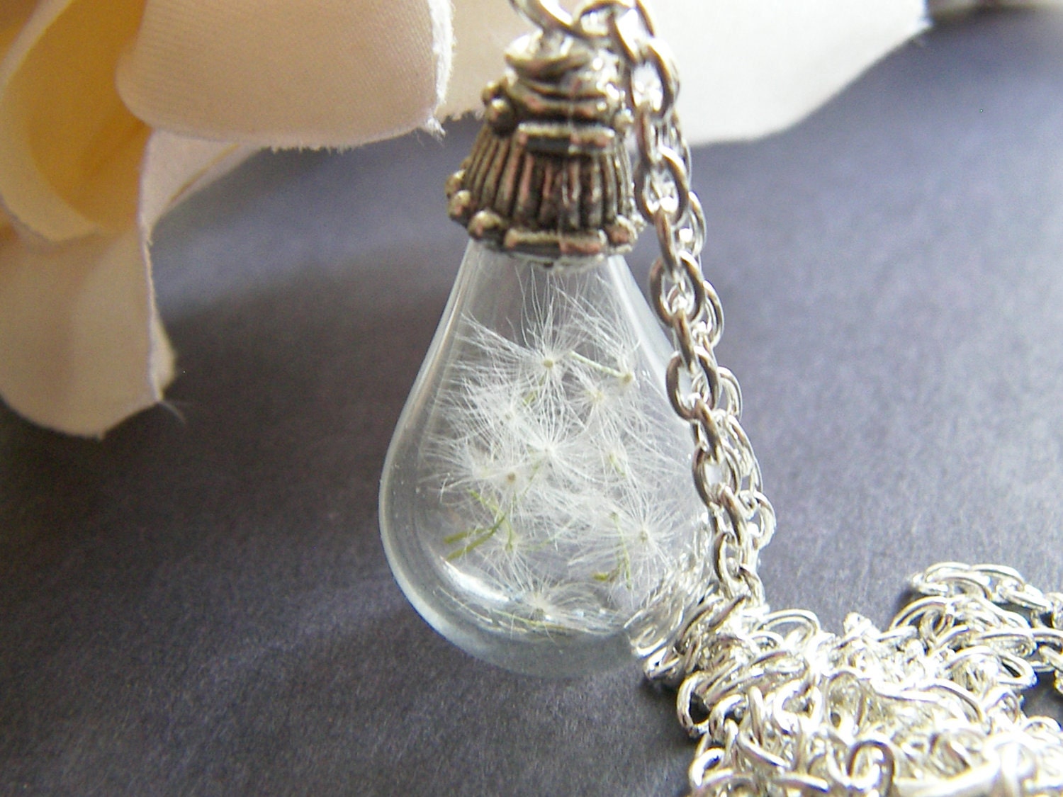 Real Dandelion Seeds Necklace, Hand Blown Glass Teardrop, Make a Wish, Bridesmaid Jewelry