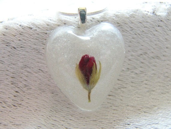 Red Rosebud Necklace, Rose Pendant, Botanical, Miniature Rose, Real Flower Resin
