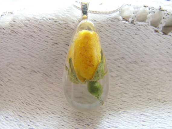 Yellow Rosebud Pendant, Botanical Necklace, Real Flower Jewelry, Eco Friendly