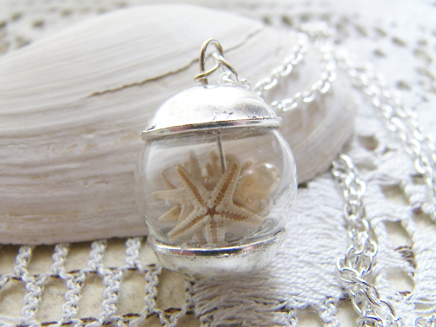Real Starfish Necklace, Handblown Glass Globe, Nautical