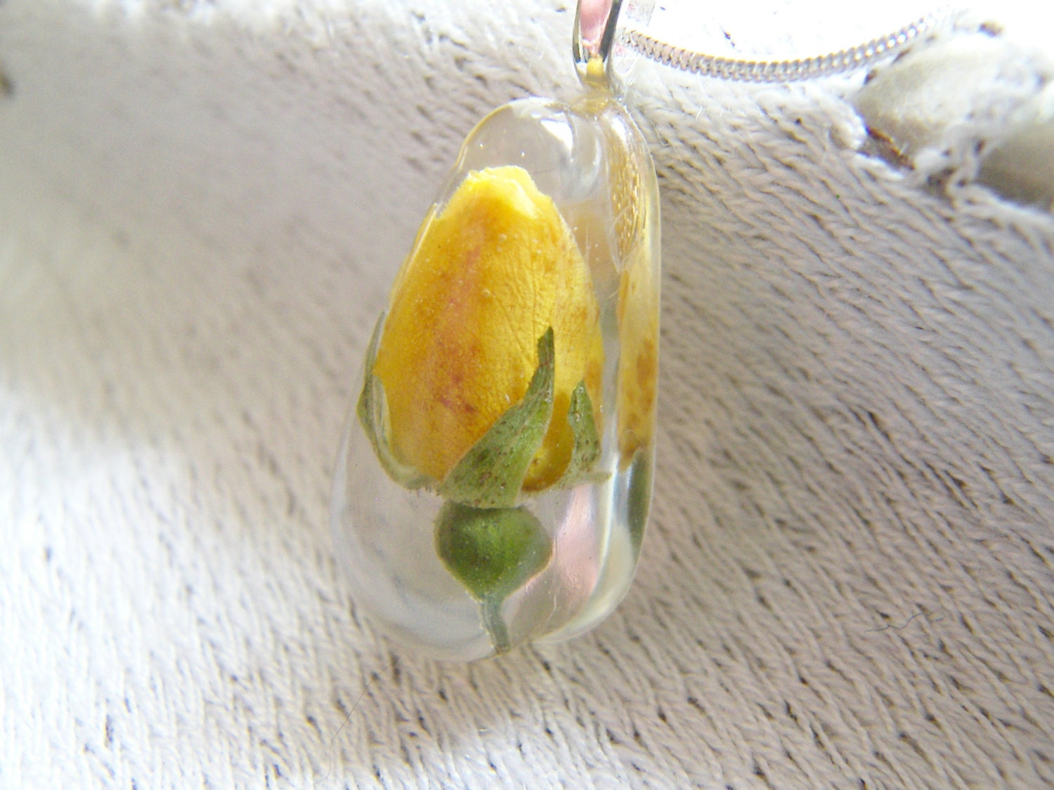 Yellow Rosebud Pendant, Botanical Necklace, Real Flower Jewelry, Eco Friendly
