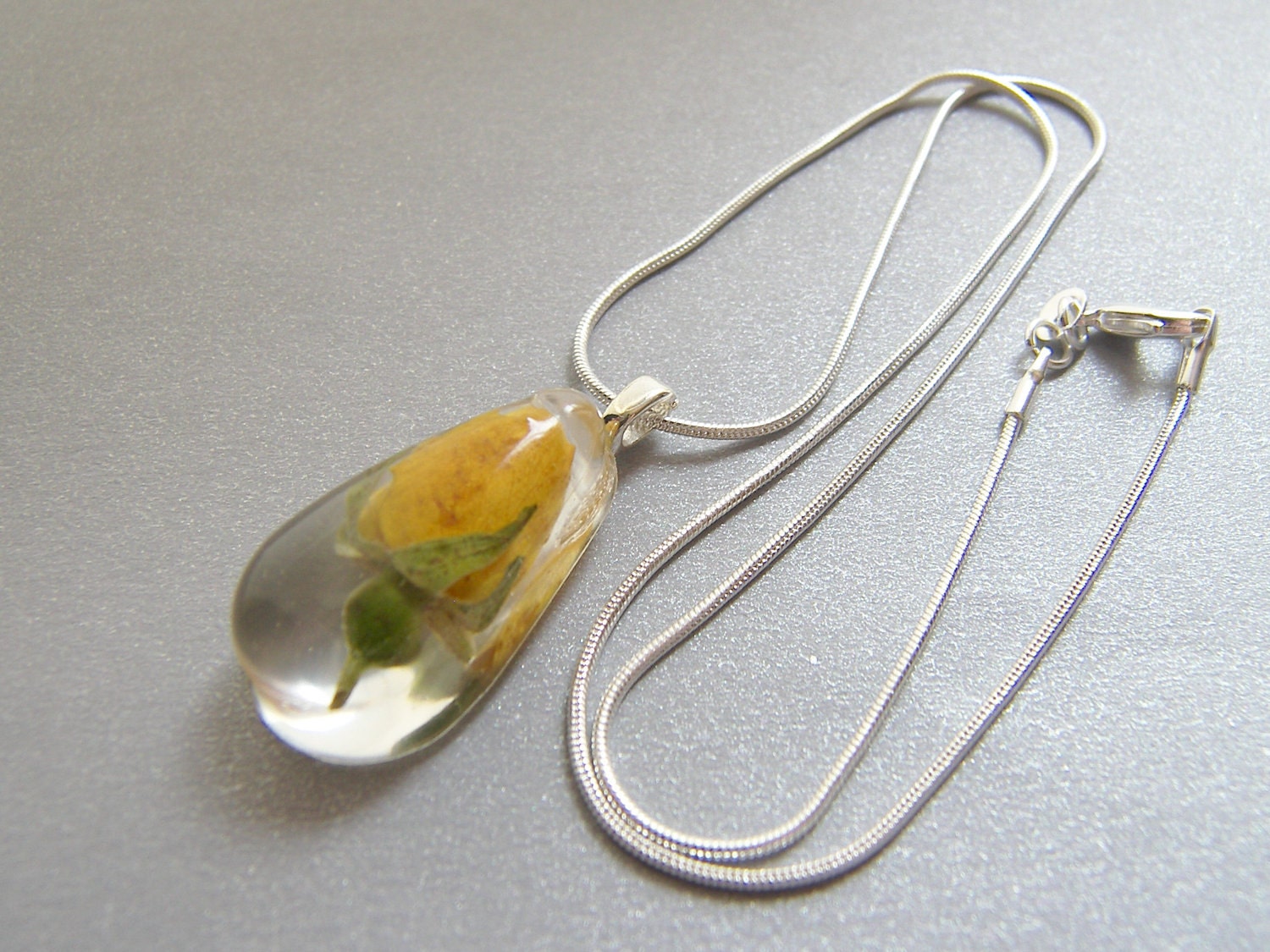Yellow Rosebud Pendant, Botanical Necklace, Real Flower Jewelry, Eco Friendly
