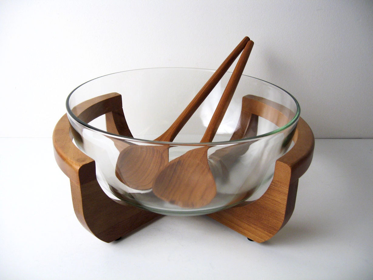 large dansk scale Set Stand Glass Bowl and  Utensils with  Salad  utensils Teak serving and
