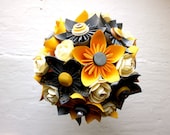Paper Flower Bouquet, Wedding, Yellow, Grey, White, Kusudama, Rose