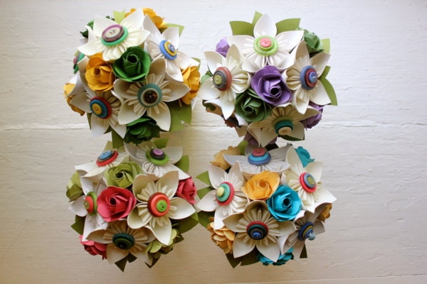Paper Flower Bouquet, 4 Bridesmaid Bouquets, Ivory, Purple, Pink, Green, Purple, Yellow, Kusudama, Rose