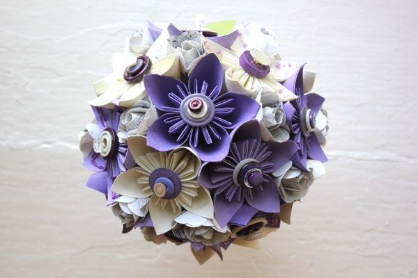 Paper Flower Bouquet, Wedding, Purple, White, Kusudama, Book Page Rose