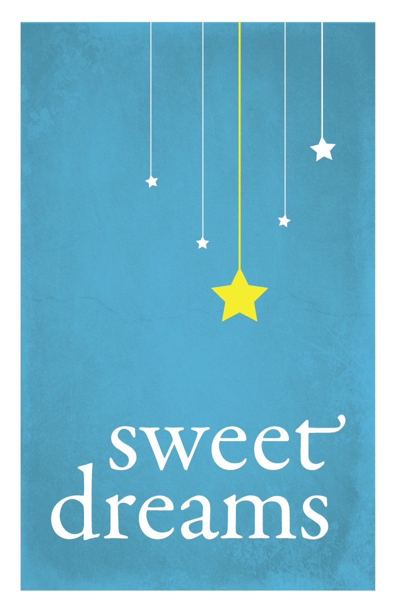Sweet Dreams child nursery art print, stars, night sky, distressed blue: 5 x 7