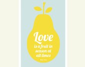 Love is in season print, Mother Teresa quote, aqua blue, yellow: 11 x 17