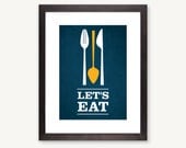 Let's Eat, kitchen art flatware utensil print- blue/yellow: 11 x 14