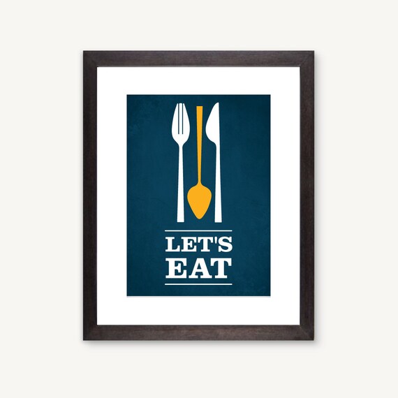 Let's Eat, modern kitchen, spoon fork knife flatware utensil, dinner dinning, blue: 5x7