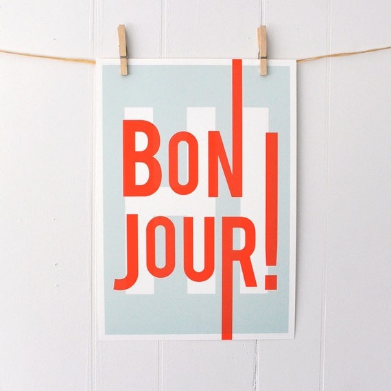 Bonjour, French, hello hi, greetings, typography art print, modern home entry foyer art, turquoise/red: A3 SALE PRINT
