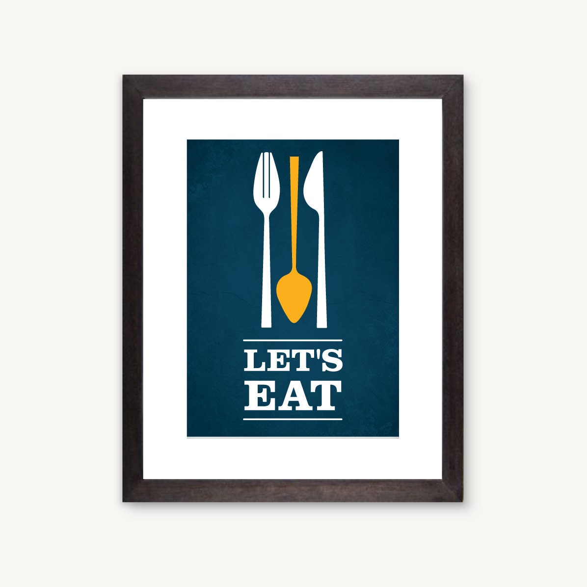 Let's Eat, kitchen art flatware utensil print- blue/yellow: 5 x 7 inches ON SALE!