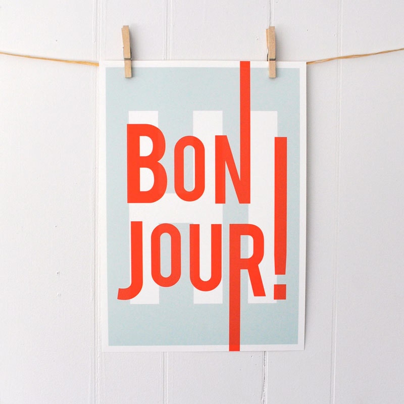 Bonjour, French, hello hi, greetings, typography art print, modern home entry foyer art, turquoise/red: A3 SALE PRINT