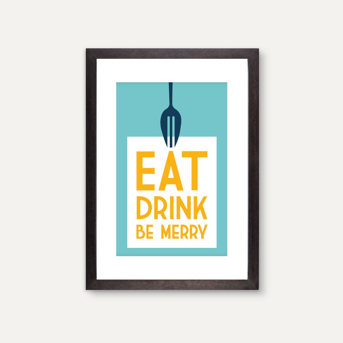 Eat Drink Be Merry, modern kitchen art, fork flatware utensil, blue/yellow: 11 x 17
