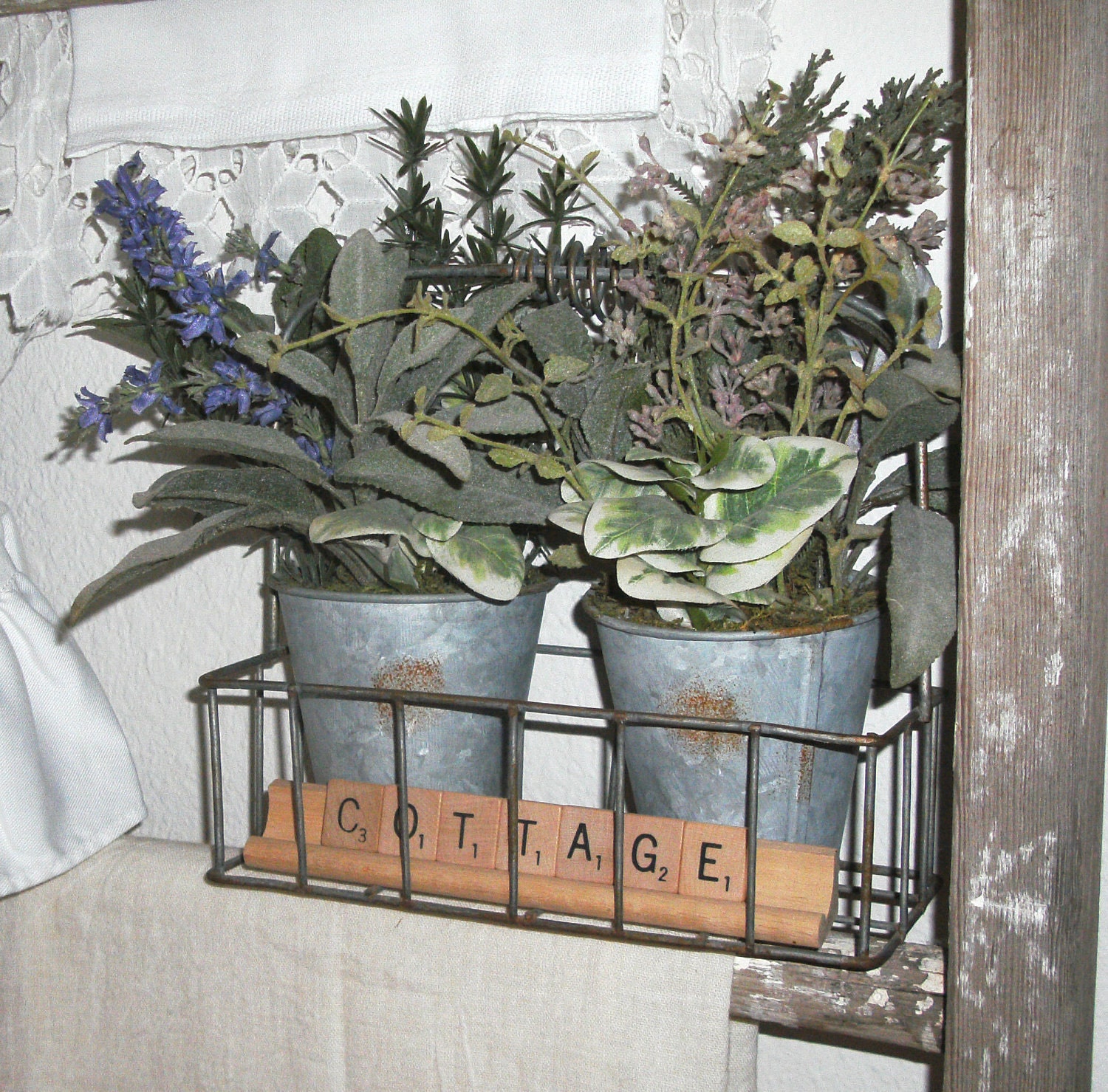 Flower Arrangement Basket and Buckets with Scrabble Tile Sign