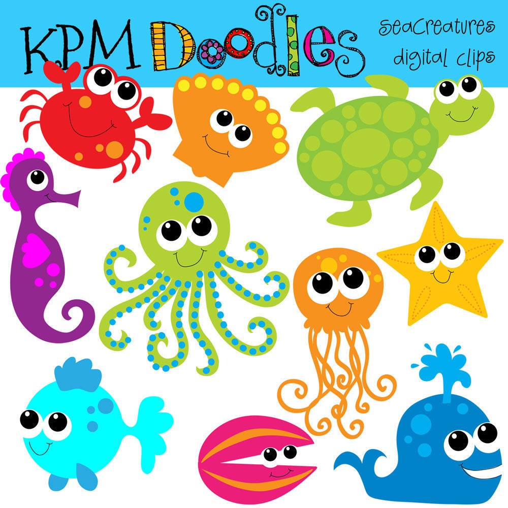 COMBO Pack Bright Sea Creatures digital clip art and black line stamps