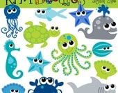 INSTANT DOWNLOAD Blue Sea Creatures digital clip art