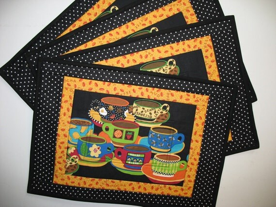 Coffee Place Mats Quilted and Reversible Set of 4 fabric from Andover