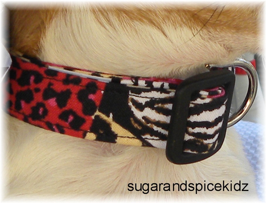 Dog Collar Jungle Fever Zebra Cheetah Leopard  Animal Print  Size  EXTRA SMALL or SMALL  No Bow Adjustable Dog Collar with D Ring