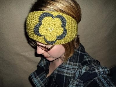 Chic Crochet Head Wrap Headband with Jeweled Flower- lime green accented with grey and lime