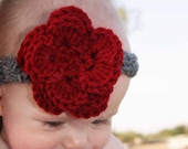 Chic boho Headband with 3 Layer Flower: grey accented with red