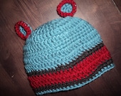 Boys Crochet Beanie, Bear Ears, Hat- blue- espresso and red