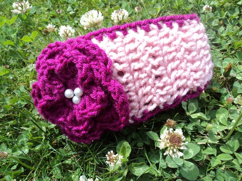 Crochet boho Head Wrap with Jeweled Flower - 2 shades of pink
