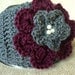 Crochet Ear Warmer, Head Wrap with Jeweled Flower- grey and burgundy