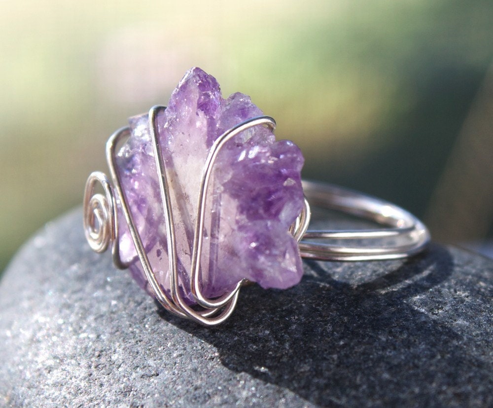 Amethyst Crystal Ring -  Stalactite Crystal Wire Wrapped Sterling Silver Natural Gemstone Statement Ring  - "Terra Incognita"
