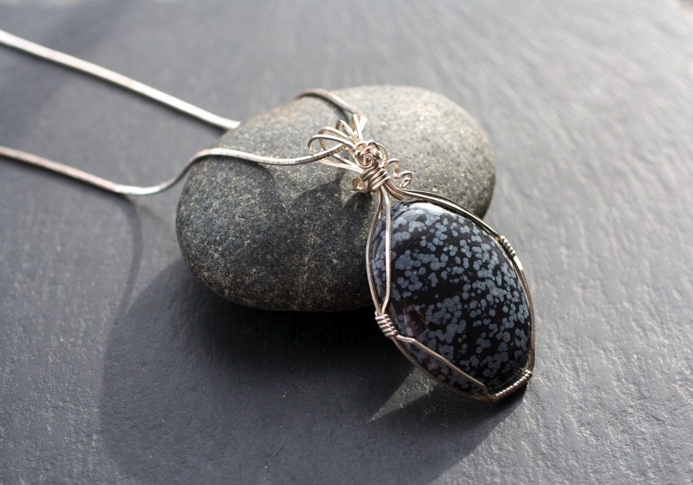 Black Stone Pendant /  Snowflake Obsidian Black Grey Cloud Modern Urban Sterling Silver Wire Wrapped Gemstone Jewelry