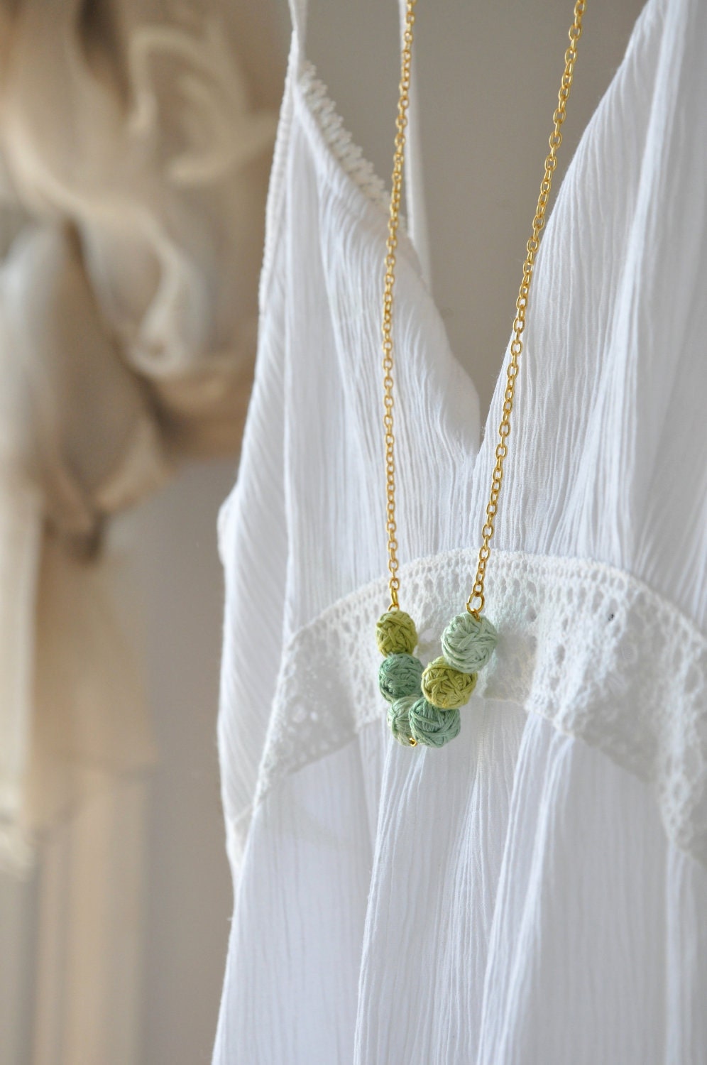 Recycled Spring Mint Green  Nature Gold necklace Handmade Beads Spring Fashion  Mothers Day Accessories Bridesmade  Fabric Textile Jewelry