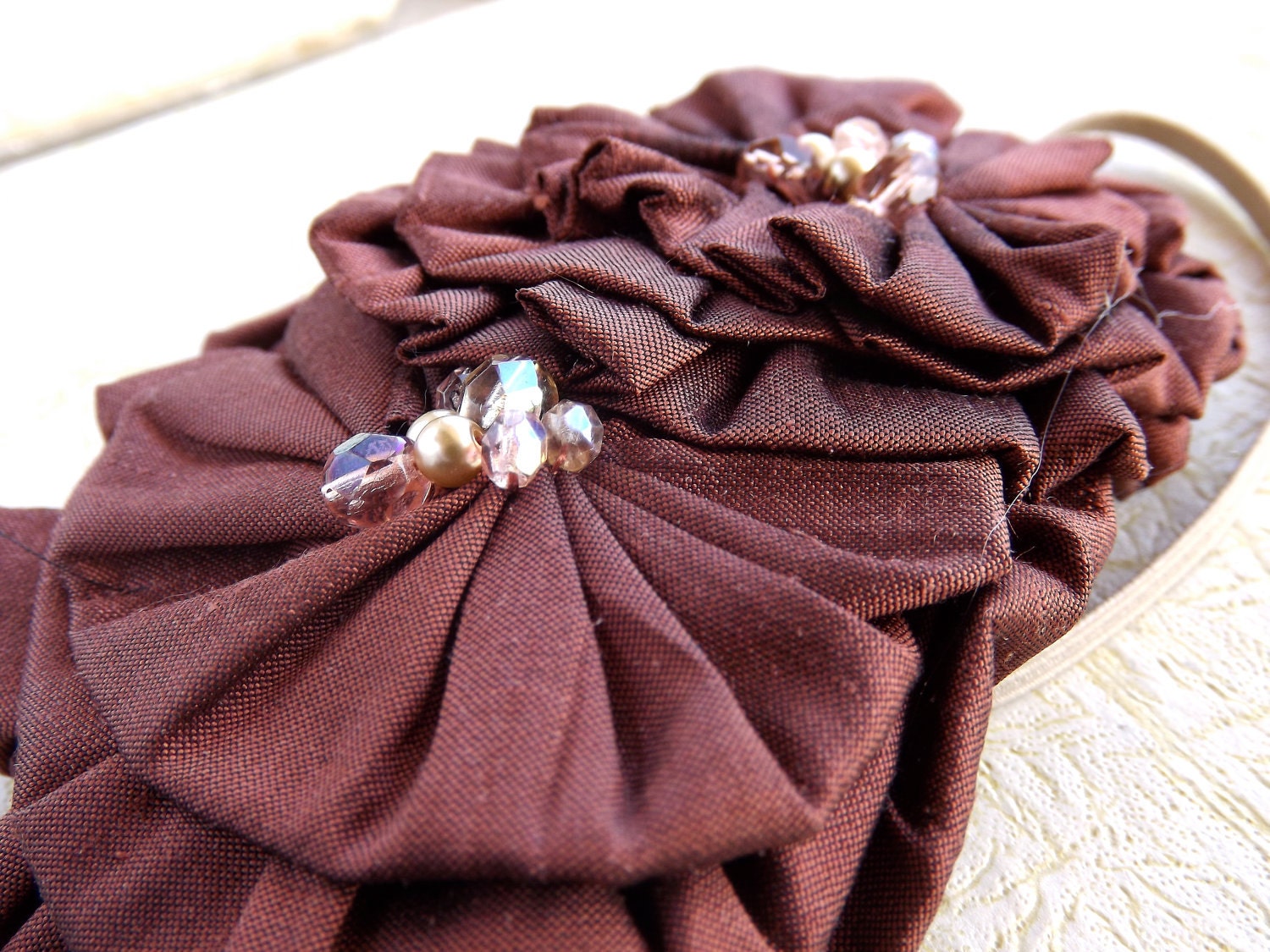 Rosette Headband Photo Prop - Woodland Maroon with Crystals and Glassy Pearls